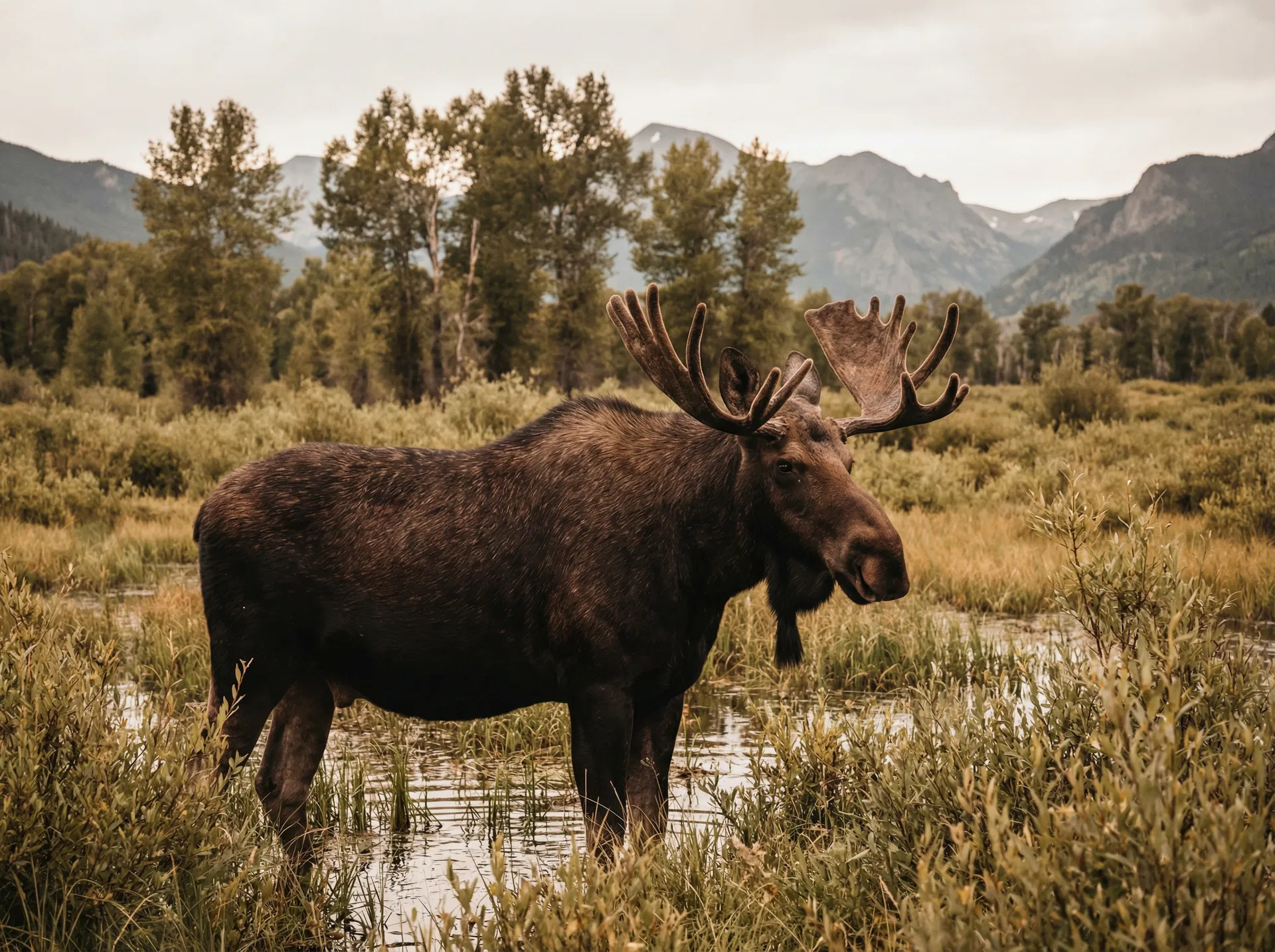Bull moose standing in wetland meadow, Kawuneeche Valley, Rocky Mountain National Park