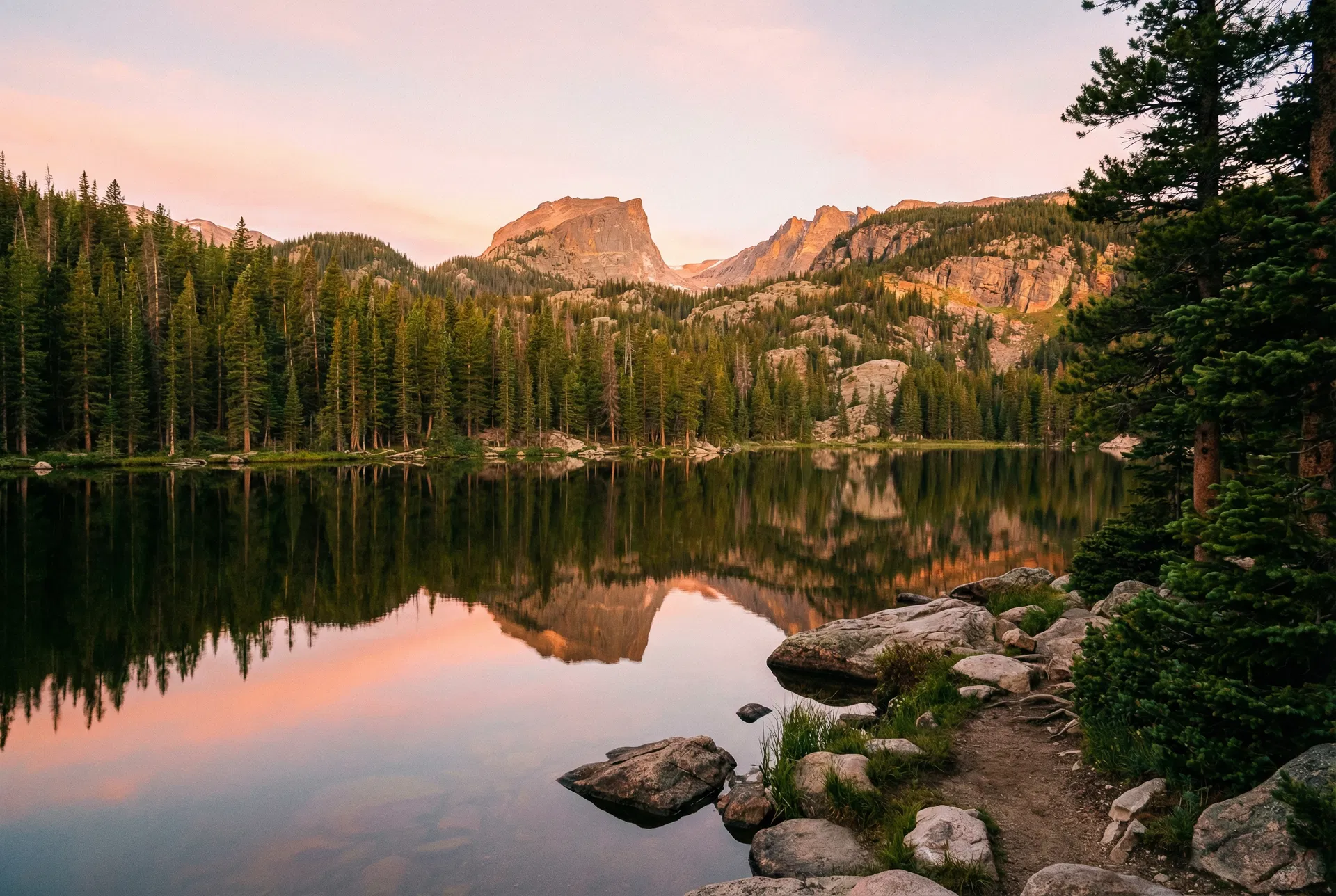 Serene sunrise at Bear Lake in Rocky Mountain National Park — still water reflecting Hallett Peak and pine forest
